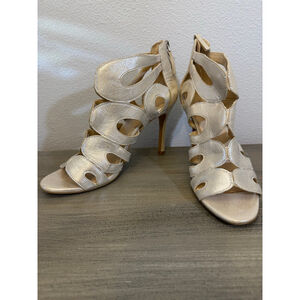 NINE WEST Flora Leather Cutouts High Heel Zipper Back Shoes Size 9.5M champagne